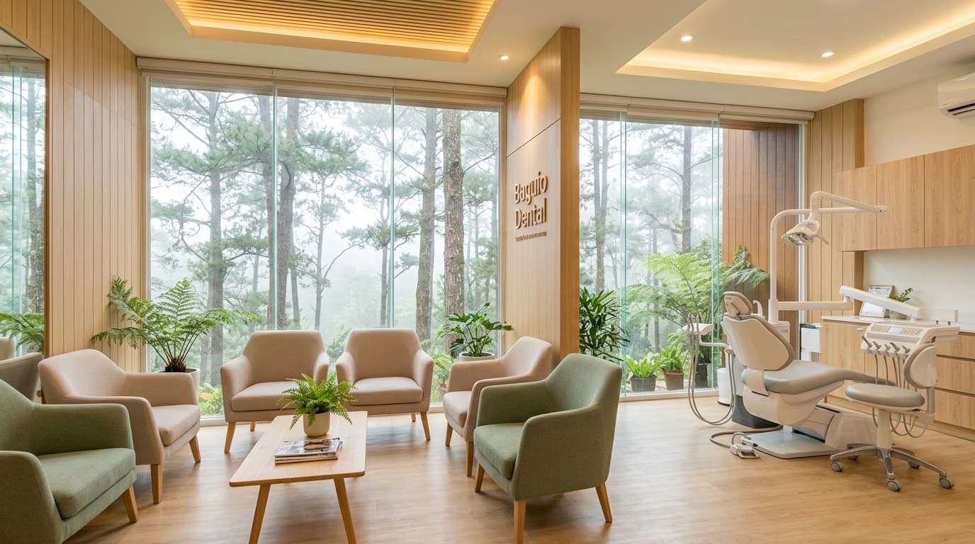 A bright clinic waiting room with pine trees outside the windows